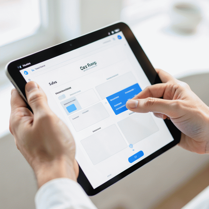 Tangan yang sedang menggunakan tablet untuk membangun landing page dengan antarmuka yang intuitif dan modern, menunjukkan kemudahan penggunaan AI.
