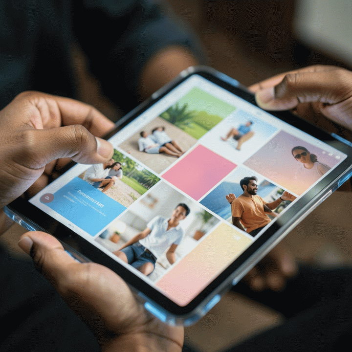 Pengambilan gambar dekat tangan yang menggunakan antarmuka digital futuristik untuk membuat layout iklan e-commerce yang beragam dan menarik tanpa teks terbaca.