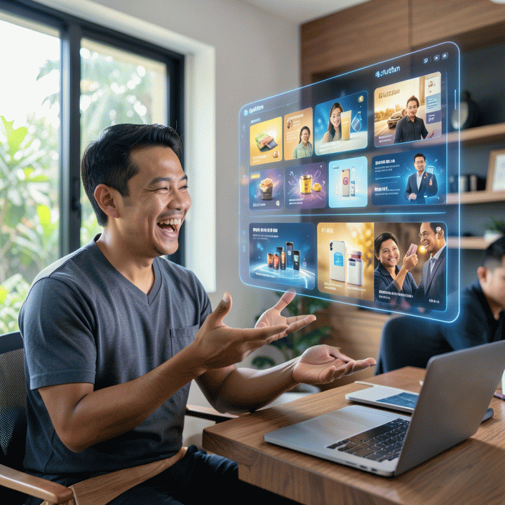 Seorang pemilik UMKM Indonesia yang antusias berinteraksi dengan antarmuka AI digital canggih yang menghasilkan berbagai variasi iklan kreatif, melambangkan solusi pemasaran modern.