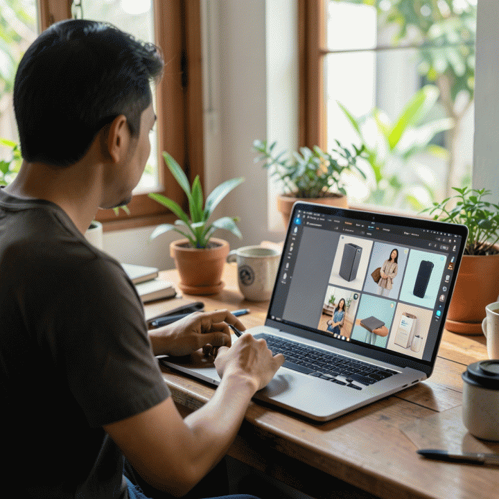 Pemilik UMKM yang bekerja di ruang kerja modern, menggunakan alat AI digital untuk menghasilkan banyak variasi konten iklan produk secara efisien.