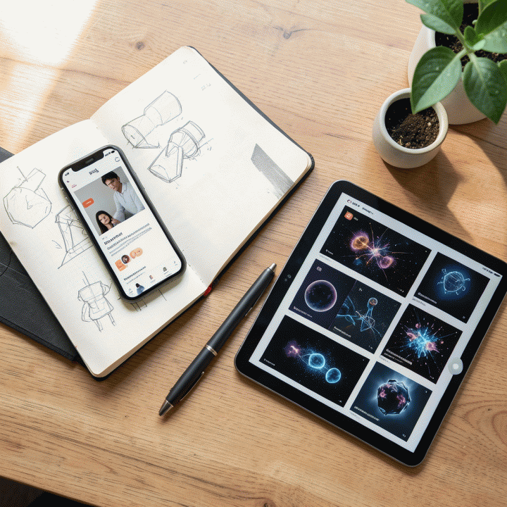 Komposisi flat lay dari berbagai aset pemasaran digital profesional, menunjukkan perpaduan antara ide manual dan hasil visualisasi AI yang modern.