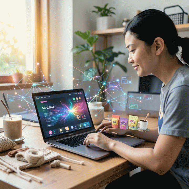 Seorang pemilik UMKM di ruang kerjanya yang modern, menggunakan laptop yang menampilkan antarmuka AI desain iklan digital yang canggih, menunjukkan kemudahan membuat konten pemasaran profesional.