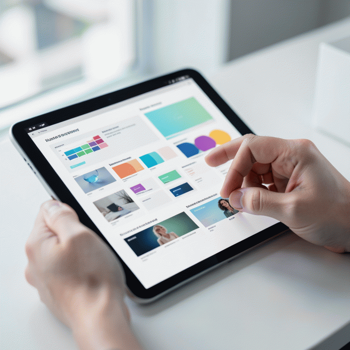 Tangan yang sedang berinteraksi dengan tablet AI, menampilkan antarmuka desain iklan digital yang mudah dan profesional.