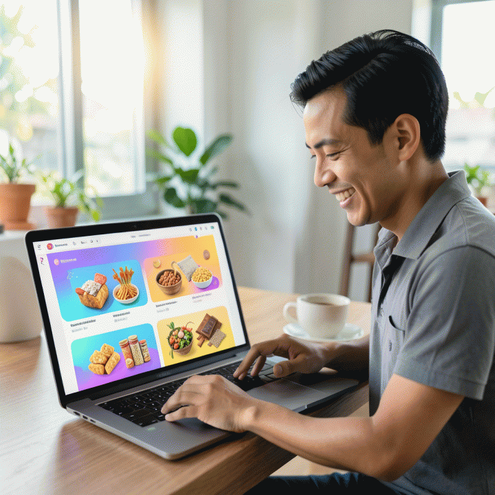 Seorang pemilik UMKM Indonesia menggunakan laptop dan tablet yang menampilkan antarmuka AI yang mudah digunakan untuk membuat berbagai visual iklan digital yang menarik.