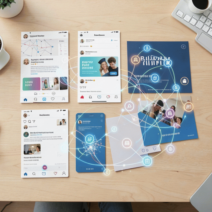 Berbagai aset iklan digital (mockup Instagram, banner) yang dihasilkan secara efisien dan bervariasi menggunakan AI, diletakkan di atas meja kerja.