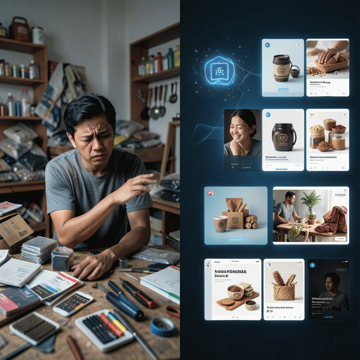 Perbandingan sebelum dan sesudah menggunakan AI: dari proses manual yang sulit menjadi konten iklan digital yang profesional dan efisien.