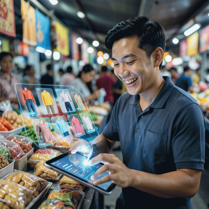 Seorang pelaku UMKM Indonesia menggunakan tablet yang menampilkan antarmuka AI canggih untuk menghasilkan berbagai variasi iklan digital produk secara cepat dan profesional.