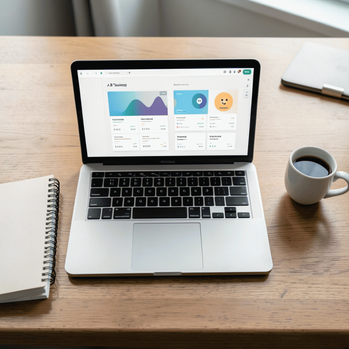 Meja kerja yang rapi dengan laptop menampilkan visualisasi A/B testing iklan yang abstrak, melambangkan pengujian hipotesis secara sistematis.