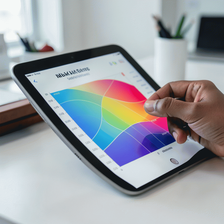 Tangan seorang profesional sedang menganalisis grafik perbandingan kompetitor di tablet, menyoroti celah pasar yang potensial.