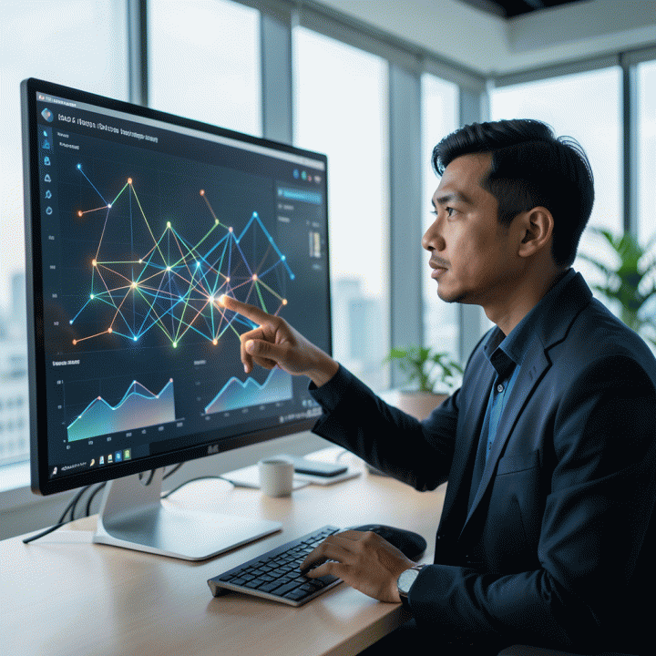 Seorang manajer pemasaran profesional di kantor modern sedang menganalisis dashboard data visualisasi yang kompleks dan canggih, menemukan insight yang jernih dan actionable.
