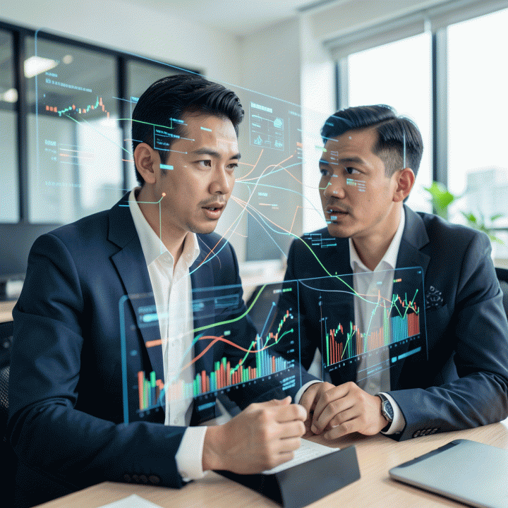 Seorang manajer pemasaran digital profesional yang sedang menganalisis data kompleks dan visualisasi tren pasar pada layar holografik di kantor modern.