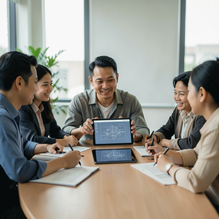 Tim profesional Indonesia berdiskusi dan berkolaborasi dalam sesi brainstorming, merancang konsep iklan yang efektif.