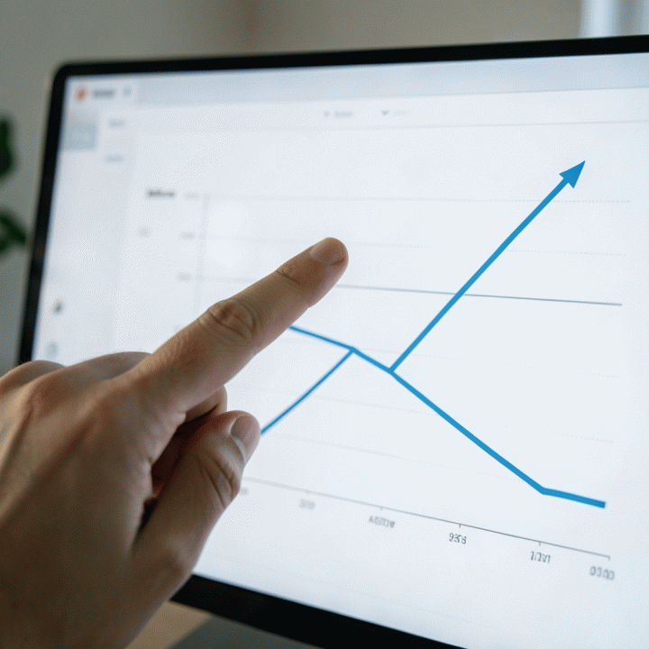 Tangan menunjuk grafik perbandingan tren data pada dashboard digital, menunjukkan peningkatan signifikan setelah strategi yang tepat.