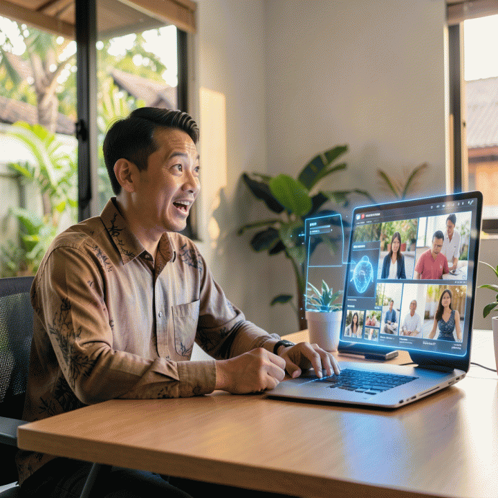 Seorang pemilik UMKM di meja kerja modern sedang melihat antarmuka AI yang menampilkan berbagai konsep iklan visual yang berkualitas tinggi, menunjukkan kemudahan dan efisiensi dalam membuat konten pemasaran.