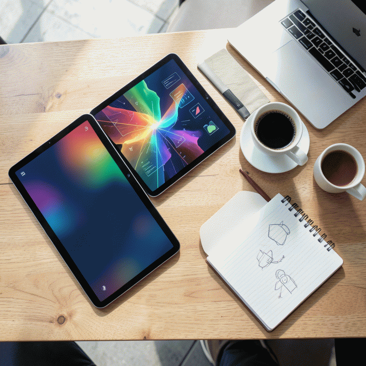 Penataan alat-alat digital dan fisik di meja kerja yang menunjukkan proses kreatif dan pemasaran digital menggunakan AI.