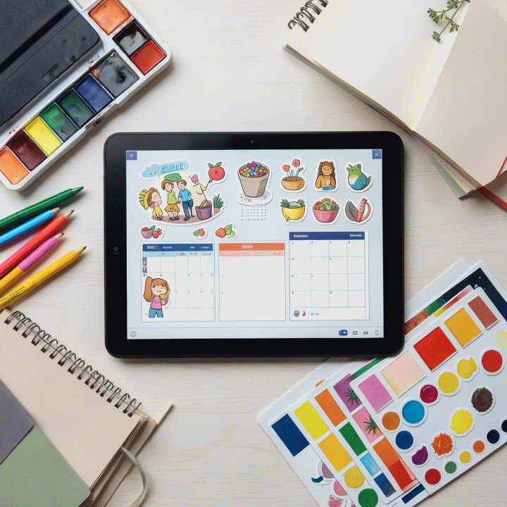 Meja kerja kreatif dengan tablet digital yang menampilkan desain jurnal dan stiker digital yang berwarna-warni, dikelilingi oleh alat-alat desain grafis premium.