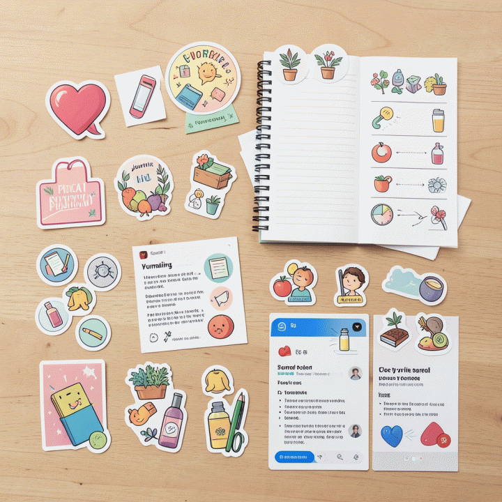 Tampilan datar (flat lay) berbagai macam lembar stiker digital dan aset perencanaan jurnal yang estetik dan premium.