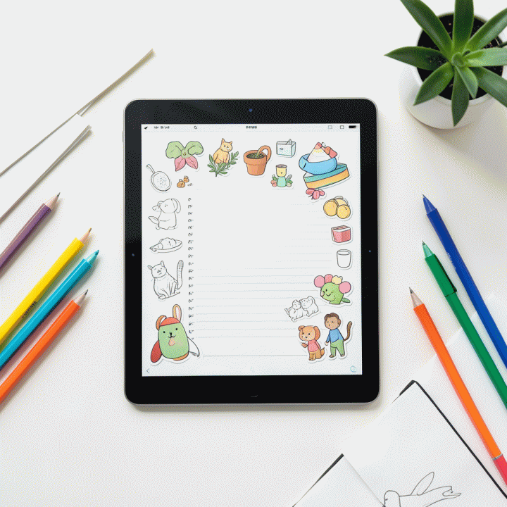 Tampilan datar (flat lay) meja kerja kreatif yang memperlihatkan tablet digital dengan jurnal yang dihiasi stiker, dikelilingi oleh perlengkapan desain lainnya.