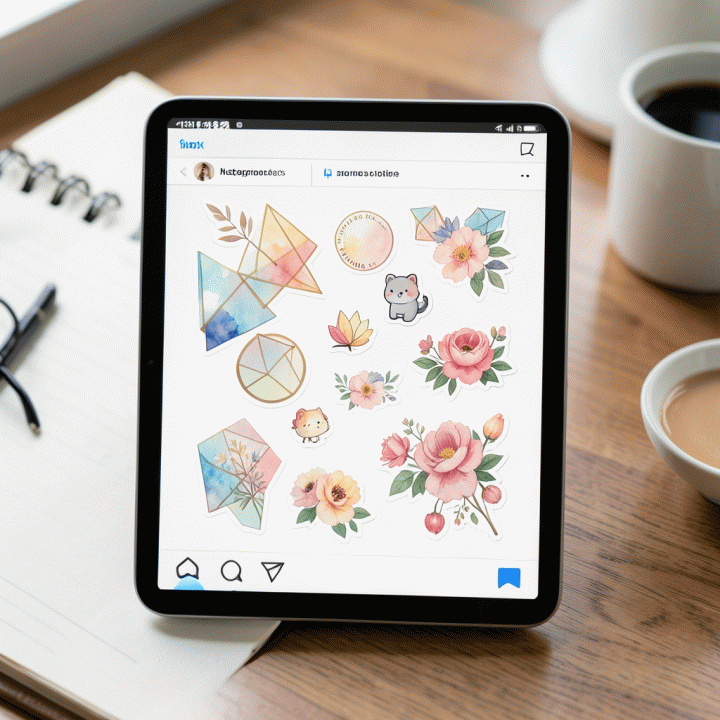 Detail tampilan stiker digital premium yang menempel di layar tablet, menunjukkan bagaimana stiker tersebut dapat mempercantik desain feed media sosial.