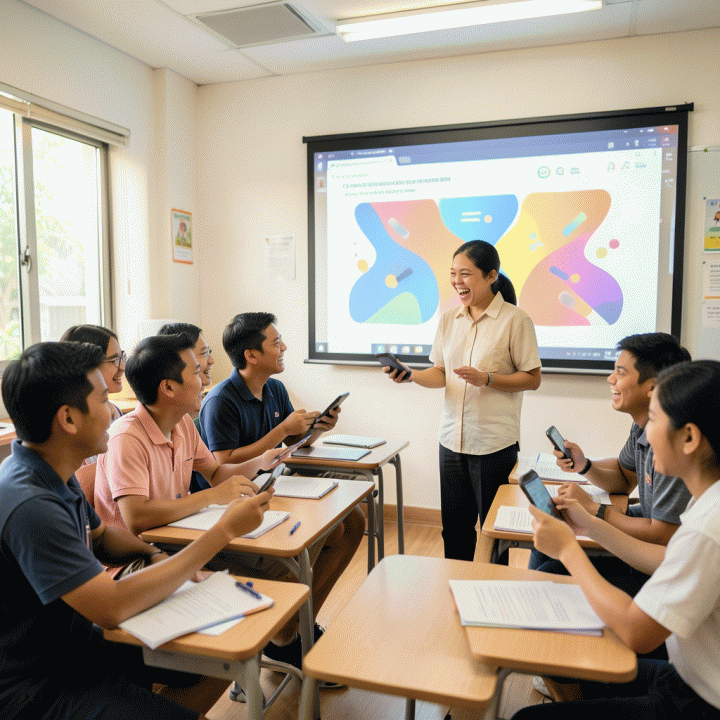 Guru dan siswa Indonesia yang gembira mengikuti kuis interaktif berbasis teknologi di ruang kelas modern.