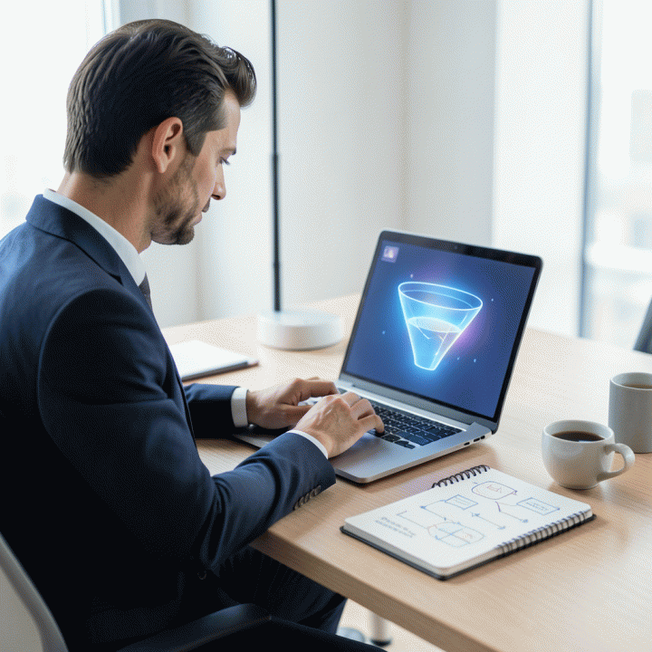 Visualisasi profesional dan modern dari proses pembuatan landing page konversi tinggi menggunakan alat digital, menunjukkan efisiensi dan fokus strategi bisnis.