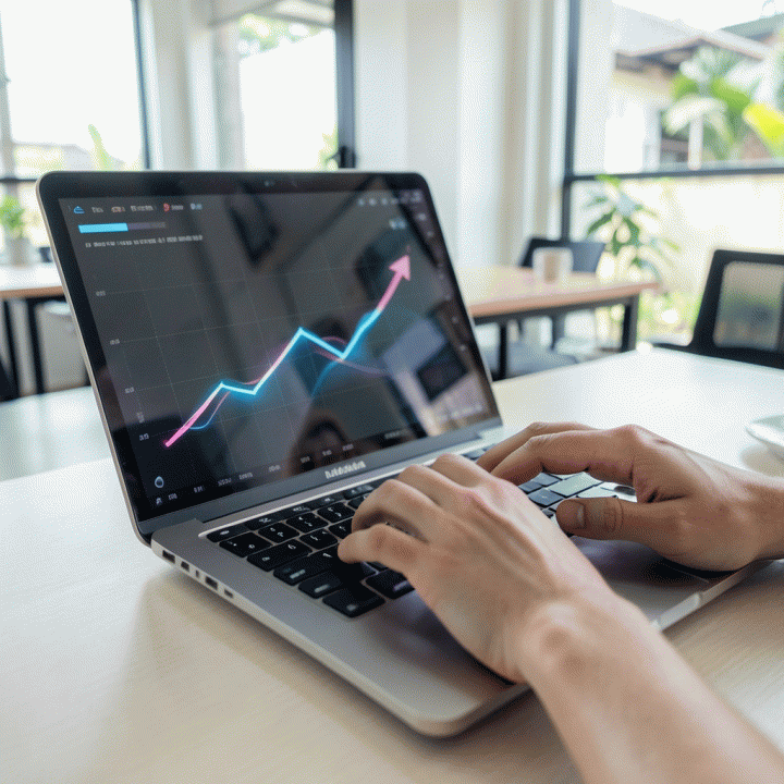 Tangan profesional yang sedang mengetik di laptop di ruang kerja modern, dengan refleksi grafik konversi yang meningkat, melambangkan efisiensi dan peningkatan hasil.