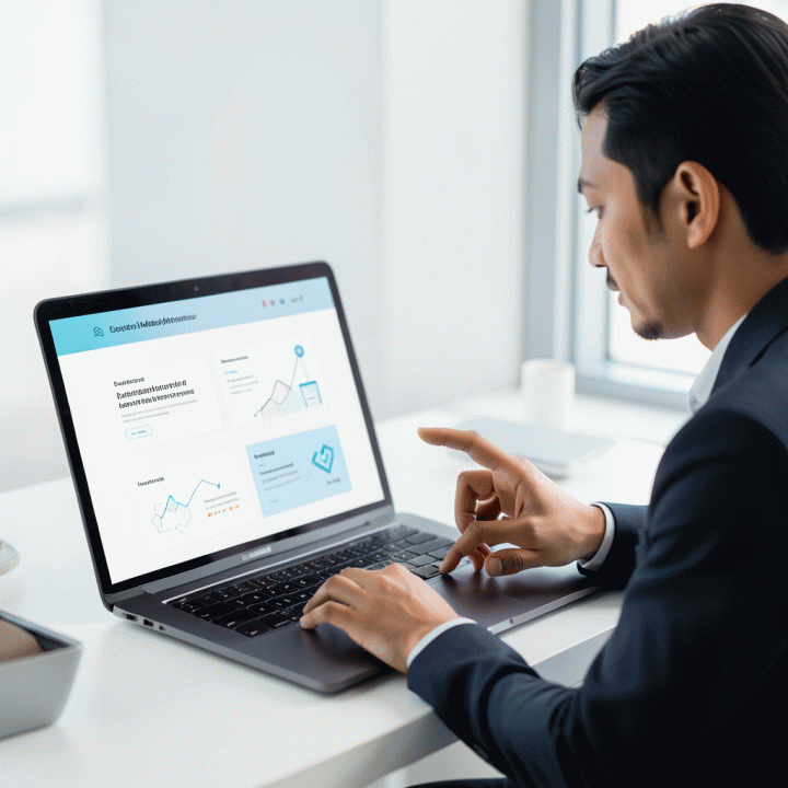 Seorang profesional yang sedang bekerja di ruang modern, menggunakan laptop yang menampilkan desain landing page konversi tinggi yang dibuat dengan bantuan AI, melambangkan efisiensi dan hasil pemasaran digital yang optimal.
