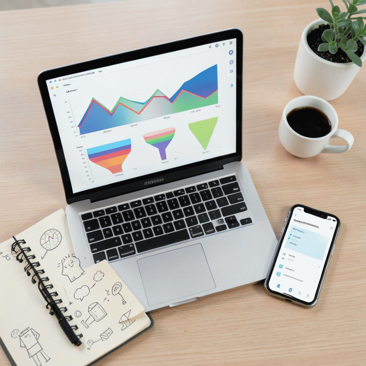 Komposisi flat lay berisi alat-alat pemasaran digital seperti laptop, smartphone, dan catatan, menunjukkan strategi dan kecepatan dalam membangun landing page.