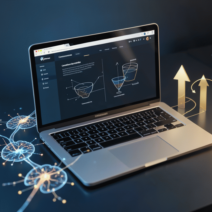 Sketsa blueprint digital marketing pada layar laptop yang menunjukkan alur konversi tinggi dan elemen psikologi pemasaran.