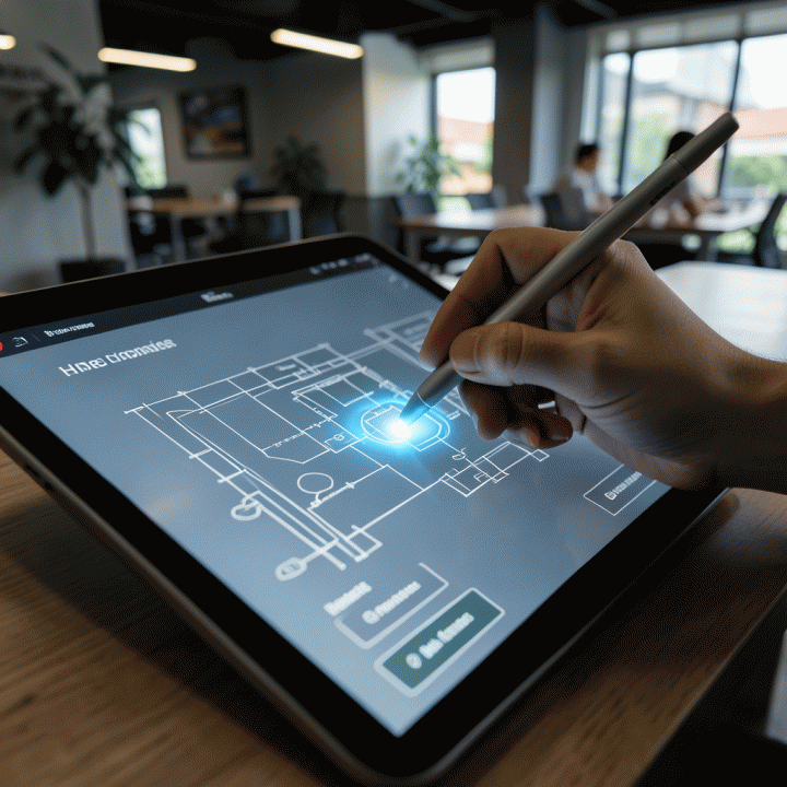 Tangan profesional menggunakan stylus untuk menyusun alur blueprint landing page digital di layar tablet.