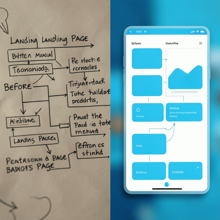 Perbandingan antara proses manual yang rumit dengan penyusunan landing page yang cepat menggunakan AI.