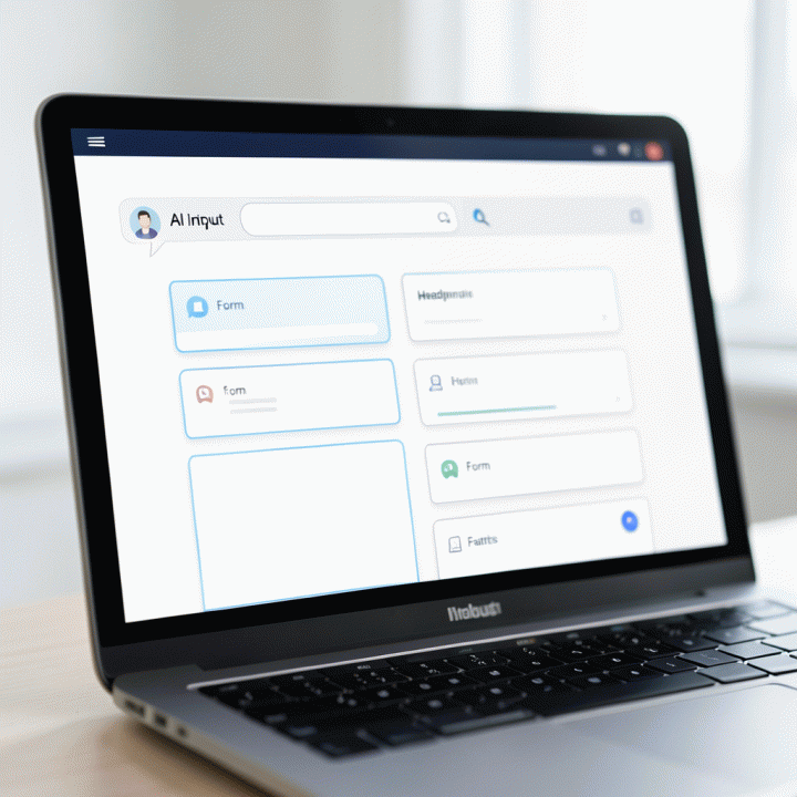 Tampilan close-up layar laptop yang menunjukkan proses pembuatan landing page secara otomatis menggunakan AI, dari input teks menjadi struktur web yang terorganisir.