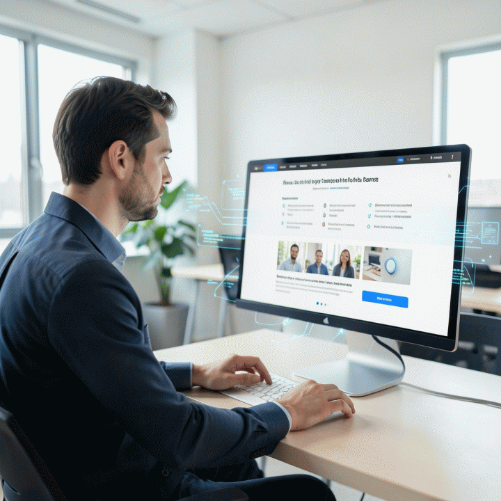 Seorang profesional yang tersenyum puas di depan monitor komputer yang menampilkan landing page yang dirancang dengan rapi dan konversi tinggi, dikelilingi oleh nuansa teknologi AI yang efisien.