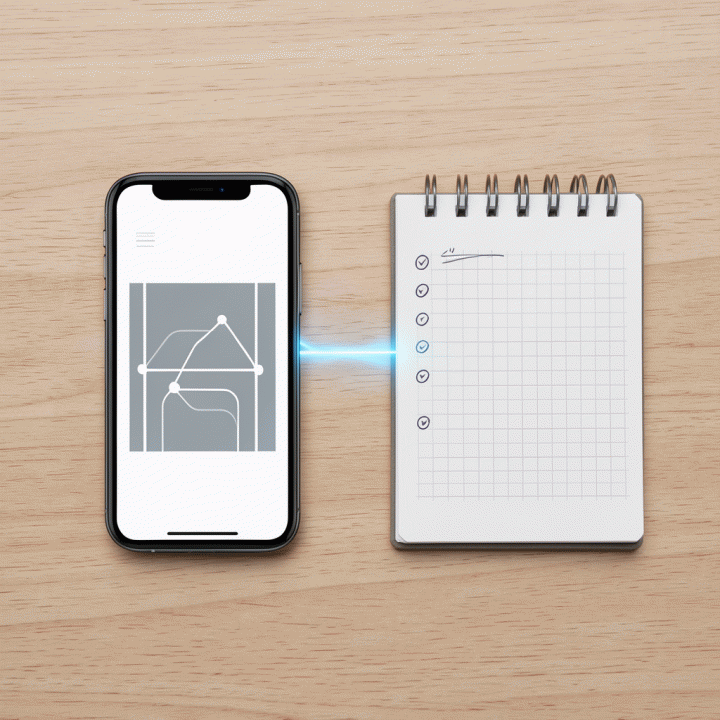 Komposisi flat lay yang menunjukkan ide awal (catatan) yang diubah menjadi landing page wireframe yang rapi melalui bantuan teknologi AI.