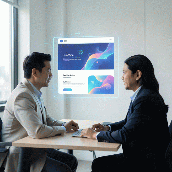 Seorang profesional digital yang fokus di depan layar holografik yang menampilkan desain landing page konversi tinggi yang modern dan terstruktur, melambangkan kemudahan pembuatan landing page dengan bantuan AI.
