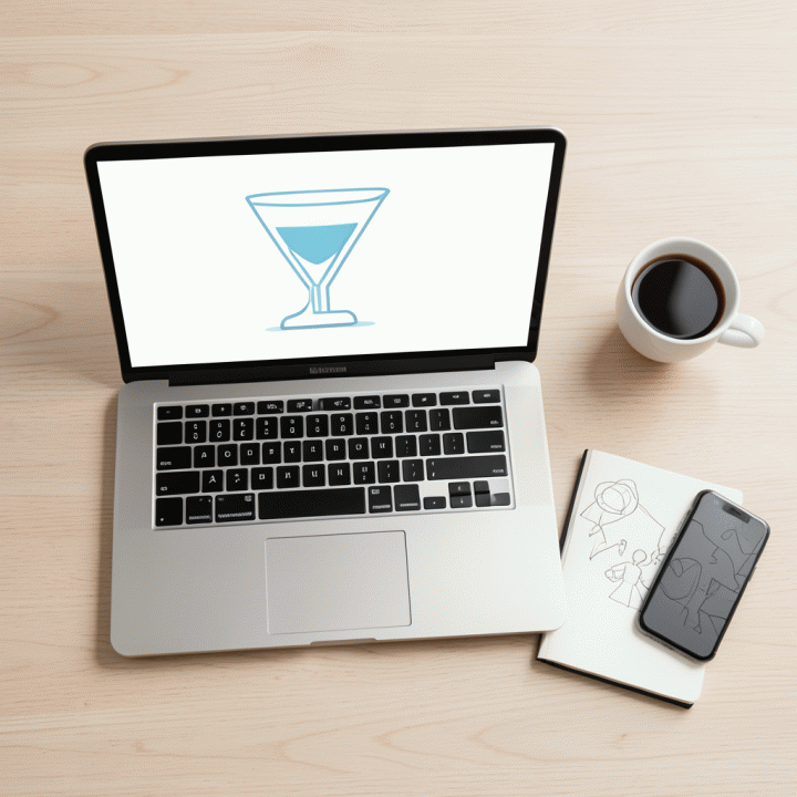 Komposisi flat lay peralatan kerja digital marketing yang menunjukkan perencanaan dan efisiensi kerja, termasuk laptop dengan diagram funnel konversi.