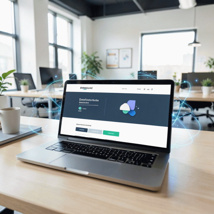 Laptop menampilkan landing page konversi tinggi yang modern dan profesional, menyimbolkan efisiensi pembuatan website dengan bantuan AI.
