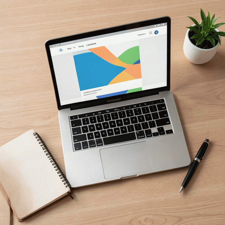 Komposisi datar yang menampilkan laptop dengan landing page mockup dan alat-alat pendukung pemasaran digital di atas meja kerja.