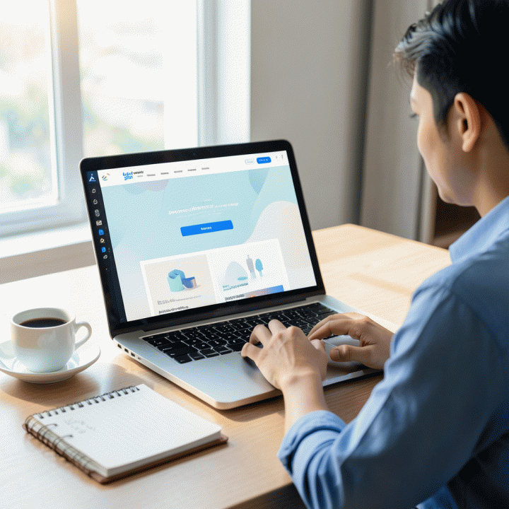 Seorang profesional yang fokus bekerja di depan laptop yang menampilkan mockup landing page konversi tinggi di meja kerja yang modern dan rapi.