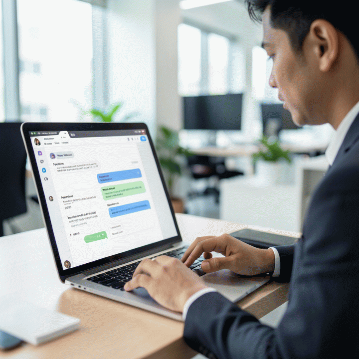 Seorang profesional Indonesia menggunakan AI chat model di laptop untuk menghasilkan struktur landing page secara otomatis.
