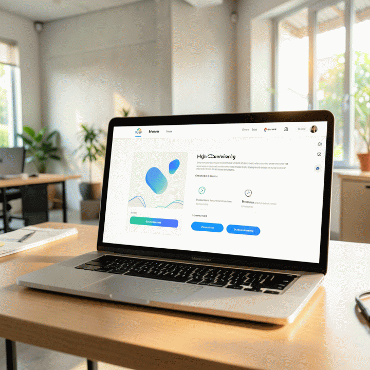 Tampilan layar laptop yang menampilkan desain landing page modern dan profesional, menunjukkan kemudahan pembuatan website konversi tinggi dengan bantuan AI.