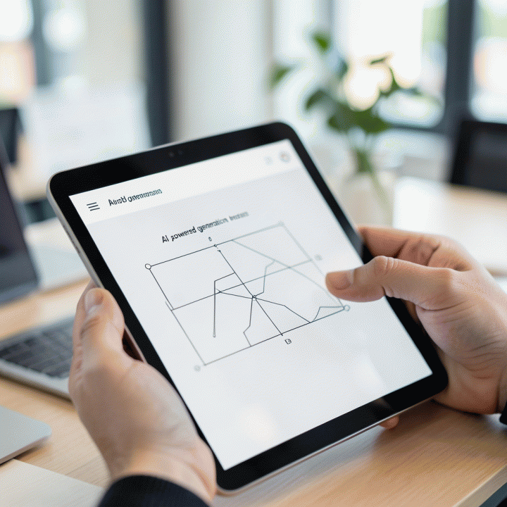 Tangan pengguna berinteraksi dengan tablet yang menampilkan alur desain landing page yang dihasilkan secara instan menggunakan bantuan AI.