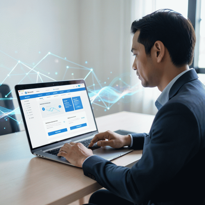 Digital marketing professional menggunakan laptop yang menampilkan desain landing page konversi tinggi, dikelilingi elemen visualisasi AI yang menunjukkan efisiensi dan kecepatan dalam pemasaran digital.