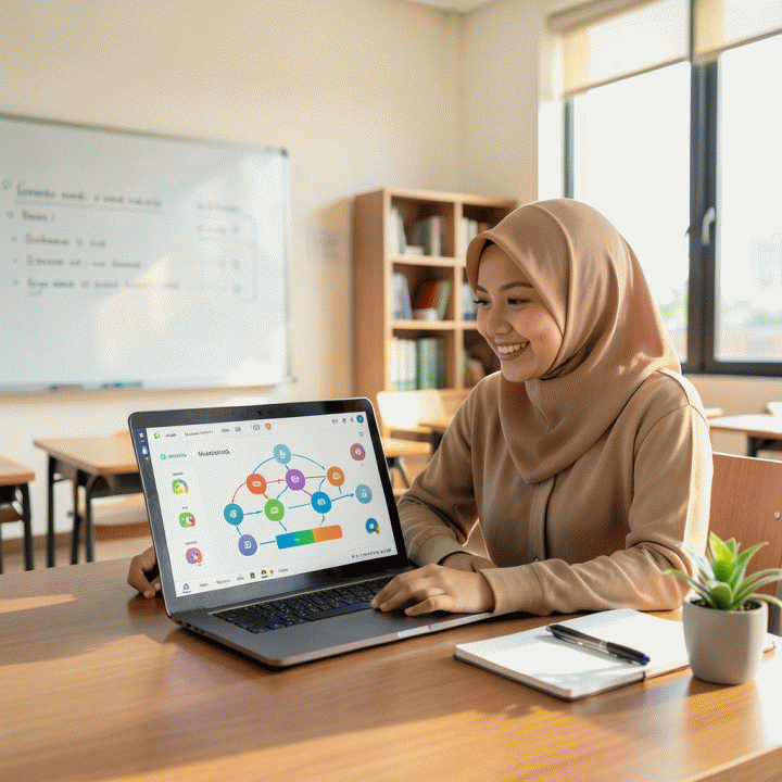 Guru Indonesia menggunakan laptop untuk membuat modul ajar interaktif berbasis AI di kelas modern.