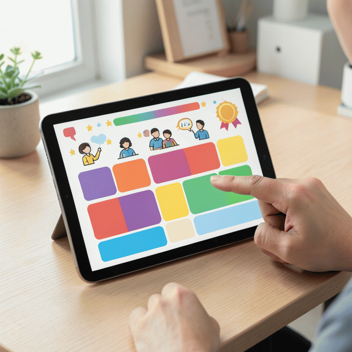 Layar tablet menampilkan berbagai template aktivitas interaktif seperti kuis, diskusi, dan permainan edukatif dalam bentuk visual tanpa teks.