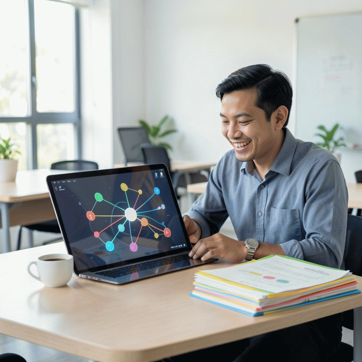 Seorang guru profesional Indonesia yang menggunakan tablet modern untuk menyusun modul ajar dengan bantuan visualisasi AI, menciptakan suasana belajar yang efisien dan modern.