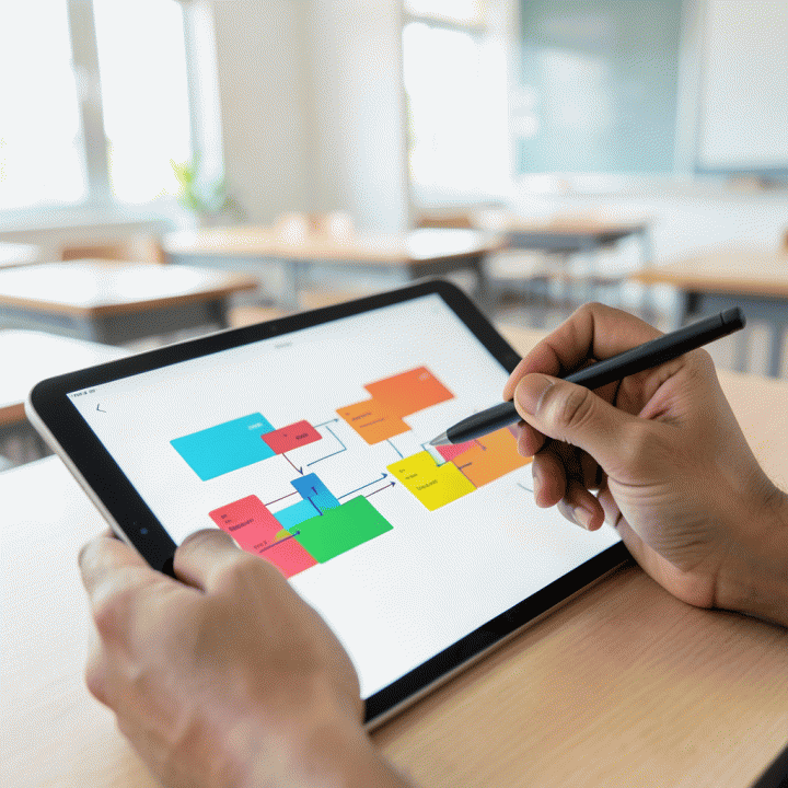 Tangan menggunakan stylus pada tablet yang menampilkan visualisasi abstrak dan terstruktur dari modul ajar, melambangkan penyusunan materi dengan AI.