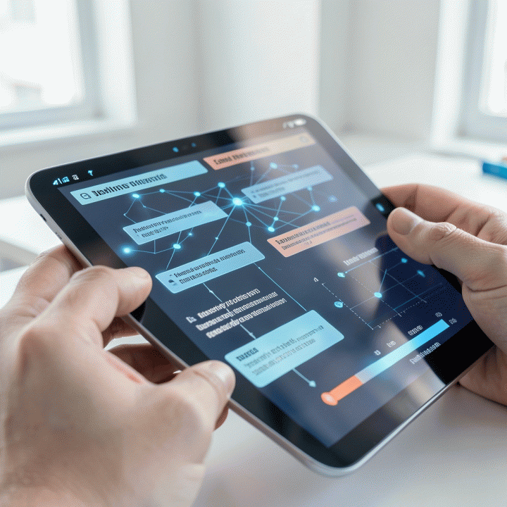 Visual close-up tangan yang berinteraksi dengan tablet futuristik, menampilkan alur materi pembelajaran yang terstruktur dan interaktif.
