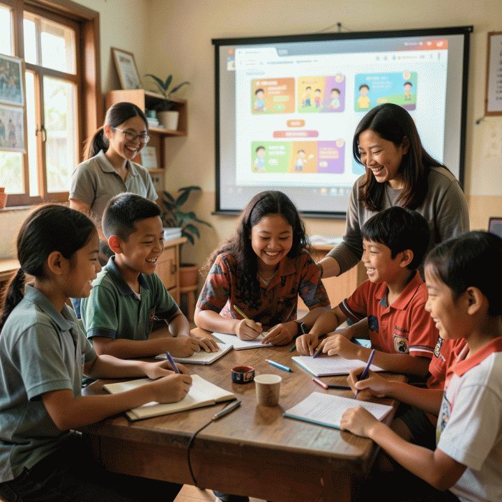 Suasana kelas yang interaktif dan menyenangkan, menunjukkan guru memfasilitasi kegiatan belajar bersama siswa.