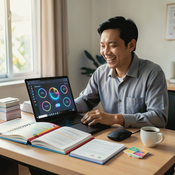 Seorang guru sekolah menengah Indonesia yang profesional dan tersenyum di meja kerja modern, dikelilingi materi pembelajaran dan laptop yang menunjukkan diagram edukatif abstrak, melambangkan efisiensi membuat materi ajar dengan bantuan AI.